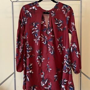 Dark red flower patterned long sleeve dress